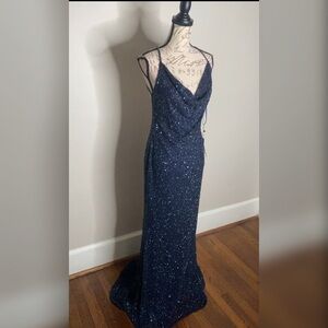 Navy blue beaded sleek evening gown, formal dress, wedding guest dress, or prom